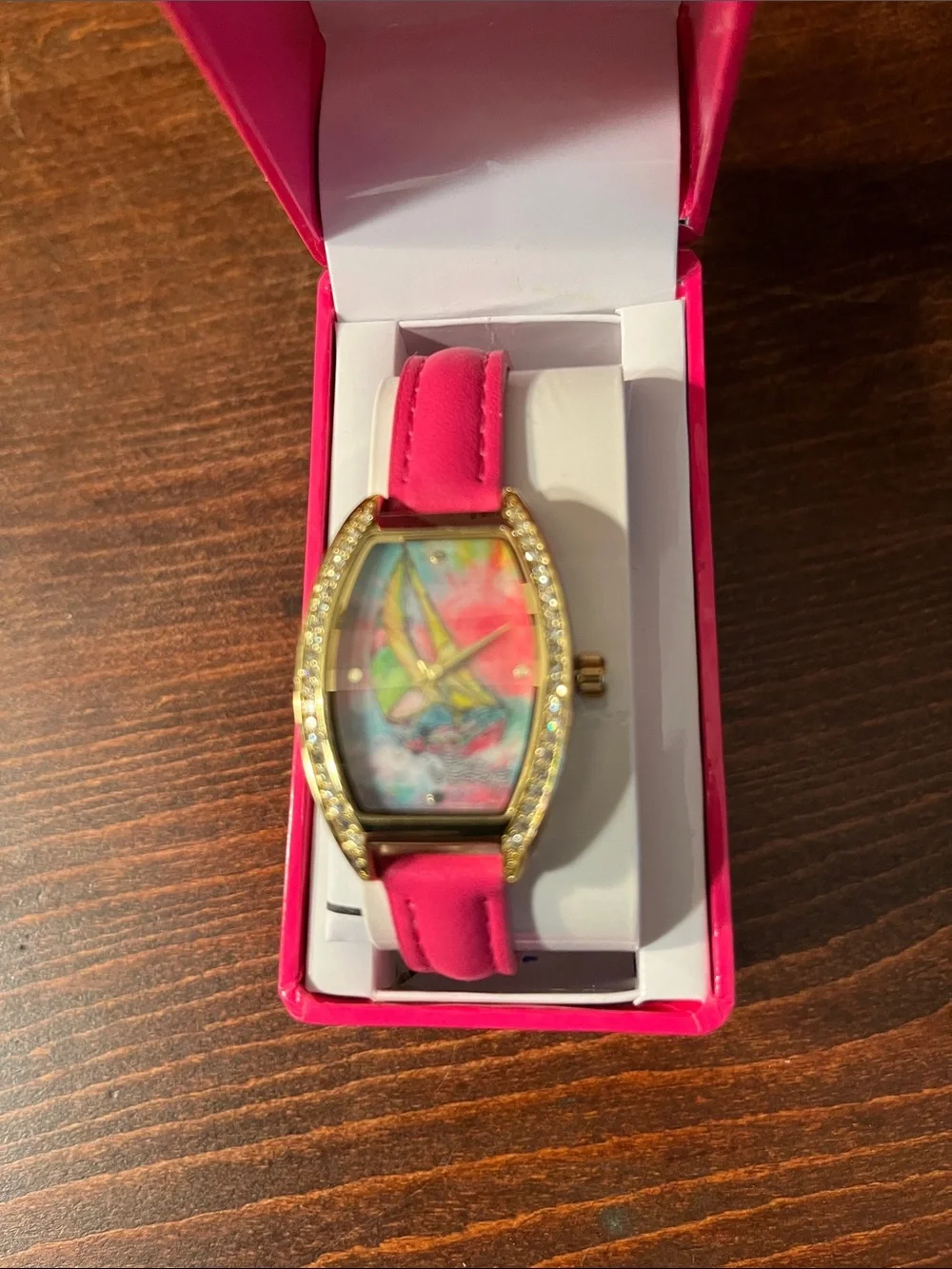 Lovegrove Pink Leather Strap Watch with Gold-Tone Crystal with Case NWOT